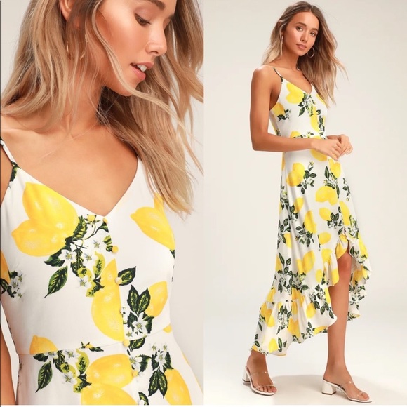 Lulus Afternoon Air Yellow Lemon Print High Low MIDI  Dress - Picture 2 of 12